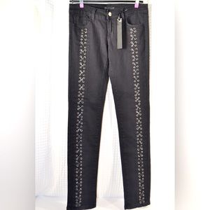 NWT Black Crystal Jeans With Black Leather Crisscross Design. Women’s Size 7